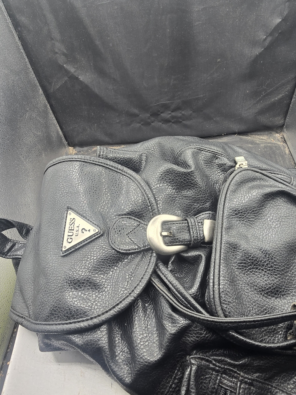 GUESS Black Leather Backpack - Textured Drawstring Rucksack - Picture 3 of 6